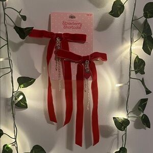 Strawberry Shortcake 2 Bow Hair Set Red Ribbon Hair Clips with Charms Pearls